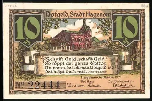 Notgeld Hagenow 1921, 10 Pfennig, Reutergeld, Strassenpartie, Wappen, Flusspartie mit Hirschen und Kühen