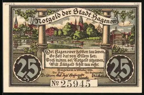Notgeld Hagenow 1921, 25 Pfennig, Reutergeld, Kühe und Hirsche, Wappen, Ortspartie