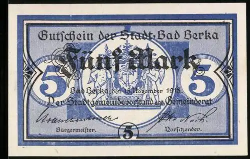 Notgeld Bad Berka 1918, 5 Mark, Kontroll-Nr. 1614