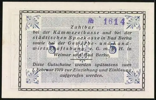 Notgeld Bad Berka 1918, 5 Mark, Kontroll-Nr. 1614