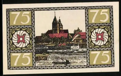 Notgeld Hameln 1921, 75 Pfennig, Raddampfer mit Blick auf die Kirche