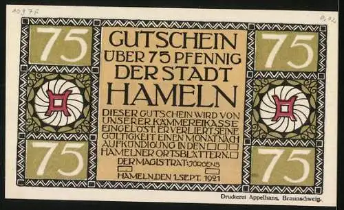 Notgeld Hameln 1921, 75 Pfennig, Raddampfer mit Blick auf die Kirche