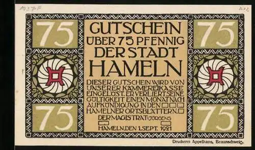 Notgeld Hameln 1921, 75 Pfennig, Strassenpartie am Fachwerkhaus
