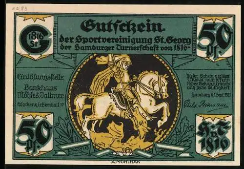 Notgeld Hamburg 1921, 50 Pfennig, Sportvereinigung St. Georg, Die Befreiung Hamburgs durch die Kosaken