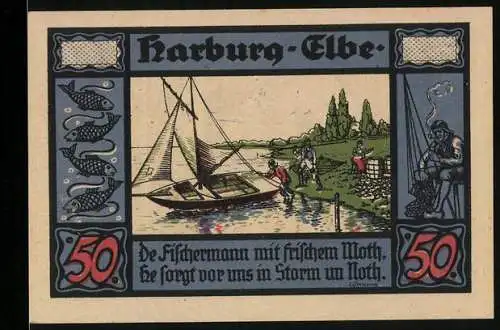 Notgeld Harburg /Elbe 1921, 50 Pfennig, Kreissparkasse, Fischer mit Segelboot