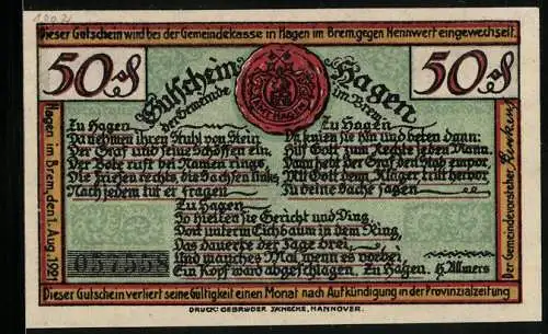 Notgeld Hagen in Brem. 1921, 50 Pfennig, Bauerngericht unter der Stal-Eke