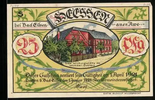 Notgeld Heessen bei Bad Eilsen 1921, 25 Pfennig, Erste Wirkungsstätte des Wunder-Doktors
