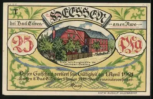 Notgeld Heessen bei Bad Eilsen 1921, 25 Pfennig, Erste Wirkungsstätte von Hannerich Voigt