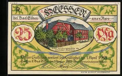 Notgeld Heessen bei Bad Eilsen 1921, 25 Pfennig, Erste Wirkungsstätte von H. Voigt