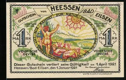 Notgeld Heessen bei Bad Eilsen 1921, 1 Mark, Menschen stehen Schlange an Voigt`s Kur- und Badehaus