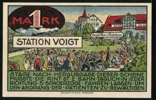 Notgeld Heessen bei Bad Eilsen 1921, 1 Mark, Menschen stehen Schlange an Voigt`s Kur- und Badehaus