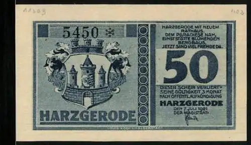 Notgeld Harzgerode 1921, 50 Pfennig, Partie am Rathaus