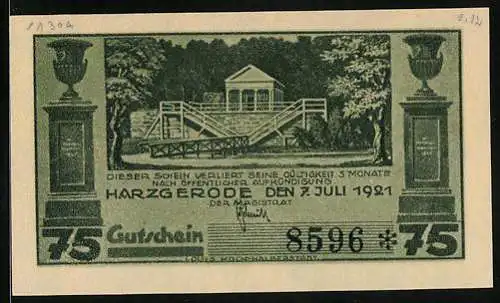 Notgeld Harzgerode 1921, 75 Pfennig, Das Alexisbad
