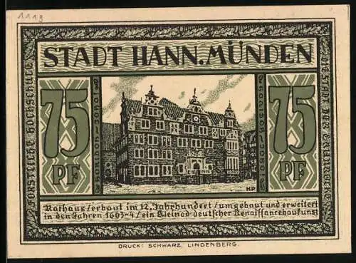 Notgeld Hann. Münden, 75 Pfennig, Das Rathaus, St. Katharinen-Läuten