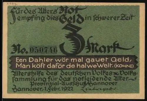 Notgeld Hannover 1922, 3 Mark, Konterfei von Heinrich Sohnrey