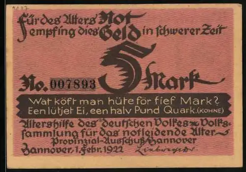 Notgeld Hannover 1922, 5 Mark, Speckmann, die Seidklause