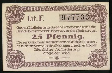 Notgeld Hannover 1920, 25 Pfennig, Kontroll-Nr. 977733