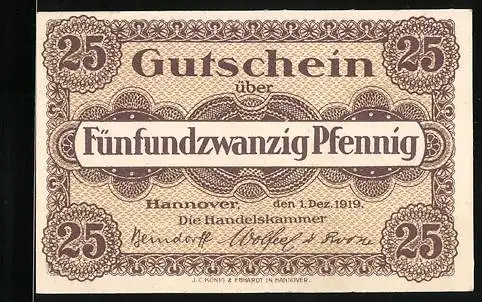 Notgeld Hannover 1920, 25 Pfennig, Kontroll-Nr. 1103051