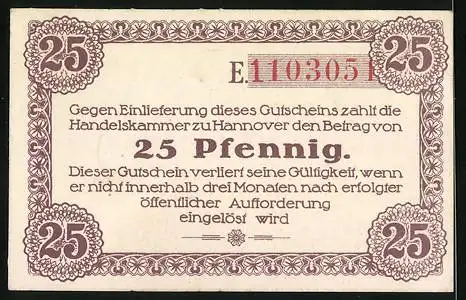 Notgeld Hannover 1920, 25 Pfennig, Kontroll-Nr. 1103051