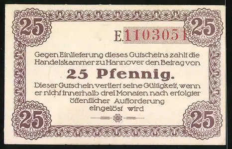 Notgeld Hannover 1920, 25 Pfennig, Kontroll-Nr. 