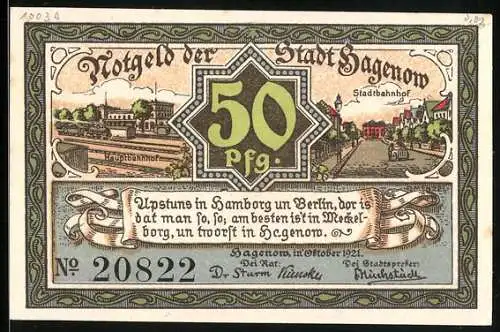Notgeld Hagenow 1921, 50 Pfennig, Haupt- und Stadtbahnhof