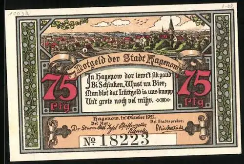 Notgeld Hagenow 1921, 75 Pfennig, Gesamtansicht mit der Kirche