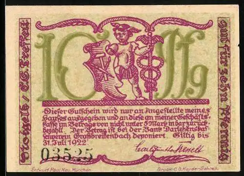 Notgeld Grossbreitenbach in Thüringen, 10 Pfennig, Kleinkunstindustrie Carl Günther Tresselt, Mann transportiert Ware