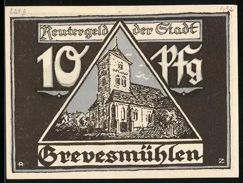 Notgeld Grevesmühlen, 10 Pfennig, Blick zur Kirche