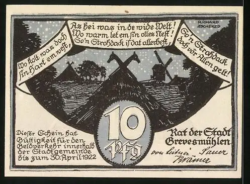 Notgeld Grevesmühlen, 10 Pfennig, Blick zur Kirche