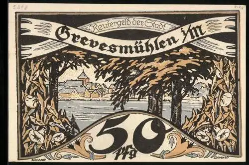 Notgeld Grevesmühlen i. M., 50 Pfennig, Ortsansicht aus dem Wald