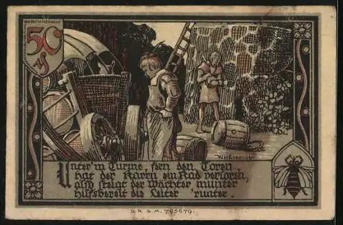Notgeld Gransee i. d. Mark, 50 Pfennig, Der Wächter steigt vom Turm um einem verunfallten Händler zu helfen