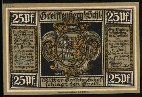 Notgeld Greiffenberg i. Schl. 1920, 25 Pfennig, Ratsherren danken Friedrich dem Grossen