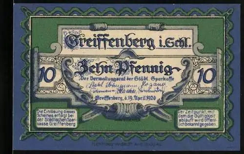Notgeld Greiffenberg i. Schl. 1920, 10 Pfennig, Gotsche Schof schlägt den Greif