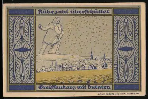 Notgeld Greiffenberg i. Schl., 5 Mark, Rübezahl überschüttet die Stadt mit Dukaten