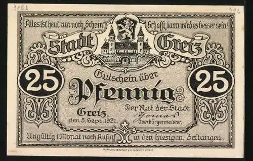 Notgeld Greiz 1921, 25 Pfennig, Oberes Schloss, Tor und Turm