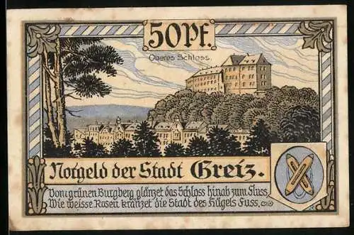 Notgeld Greiz 1921, 50 Pfennig, Gesamtansicht vom oberen Schloss