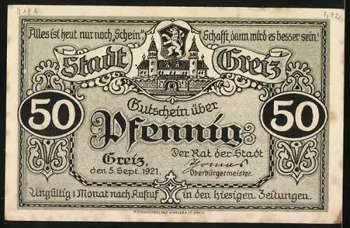 Notgeld Greiz 1921, 50 Pfennig, Gesamtansicht vom oberen Schloss