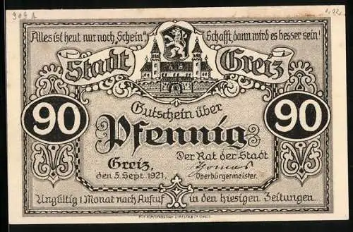 Notgeld Greiz 1921, 90 Pfennig, Unteres Schloss und Kirche