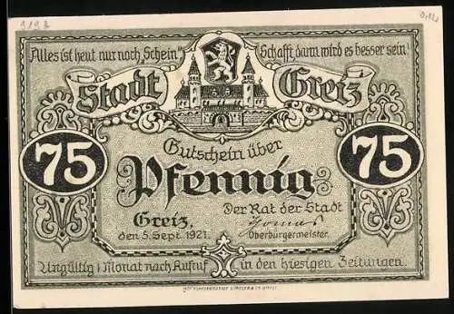 Notgeld Greiz 1921, 75 Pfennig, Schwäne auf dem Parksee (Binsenteich)