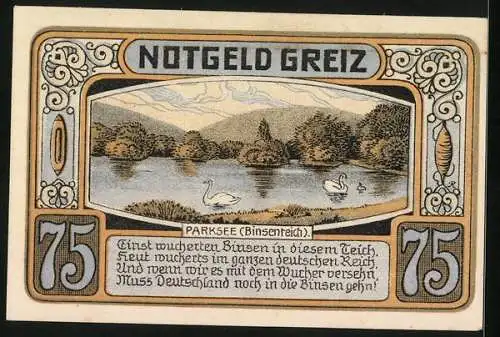 Notgeld Greiz 1921, 75 Pfennig, Schwäne auf dem Parksee (Binsenteich)
