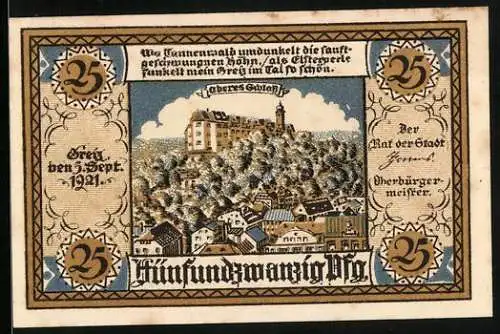 Notgeld Greiz 1921, 25 Pfennig, Ortsansicht mit dem oberen Schloss
