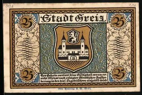 Notgeld Greiz 1921, 25 Pfennig, Das Obere Schloss über der Stadt