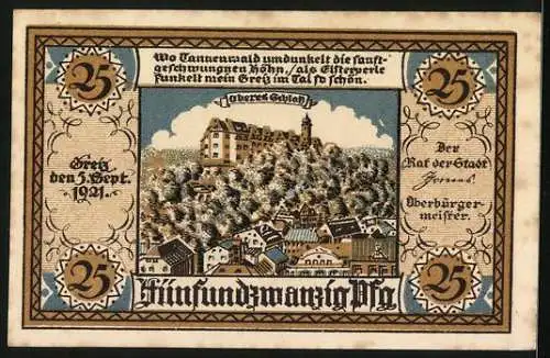 Notgeld Greiz 1921, 25 Pfennig, Das Obere Schloss über der Stadt