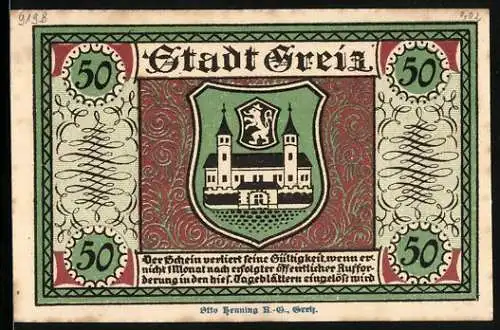 Notgeld Greiz 1921, 50 Pfennig, Frontalansicht der höheren Webschule