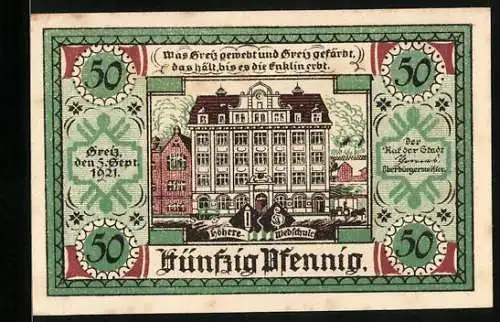 Notgeld Greiz 1921, 50 Pfennig, Die höhere Webschule