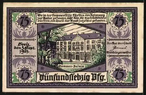 Notgeld Greiz 1921, 75 Pfennig, Das Sommer-Palais