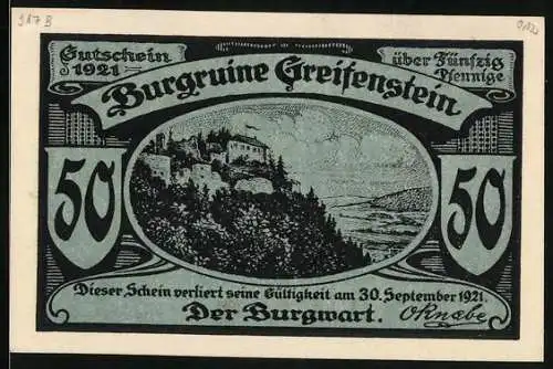 Notgeld Greifenstein 1921, 50 Pfennig, Die Burgruine im Bergidyll