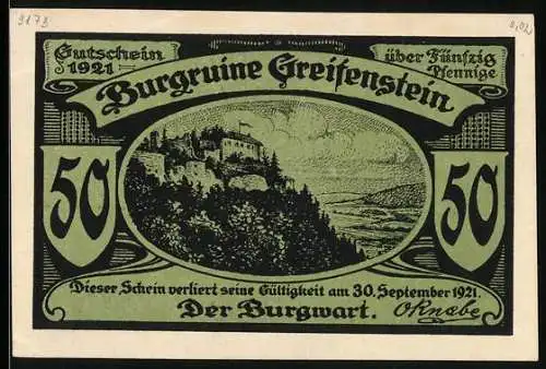 Notgeld Greifenstein 1921, 50 Pfennig, Die Burgruine mit weiter Aussicht