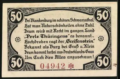 Notgeld Greifenstein 1921, 50 Pfennig, Die Burgruine mit weiter Aussicht