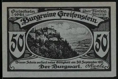 Notgeld Greifenstein 1921, 50 Pfennig, Die Burgruine mit Blick ins Tal